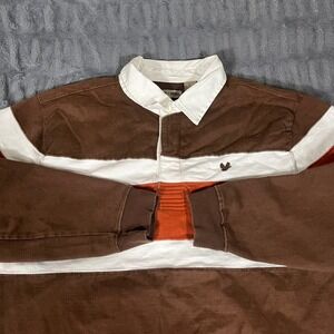 Decoded Mens Large Brown Orange Colorblock Long Sleeve Rugby Polo Shirt Cotton